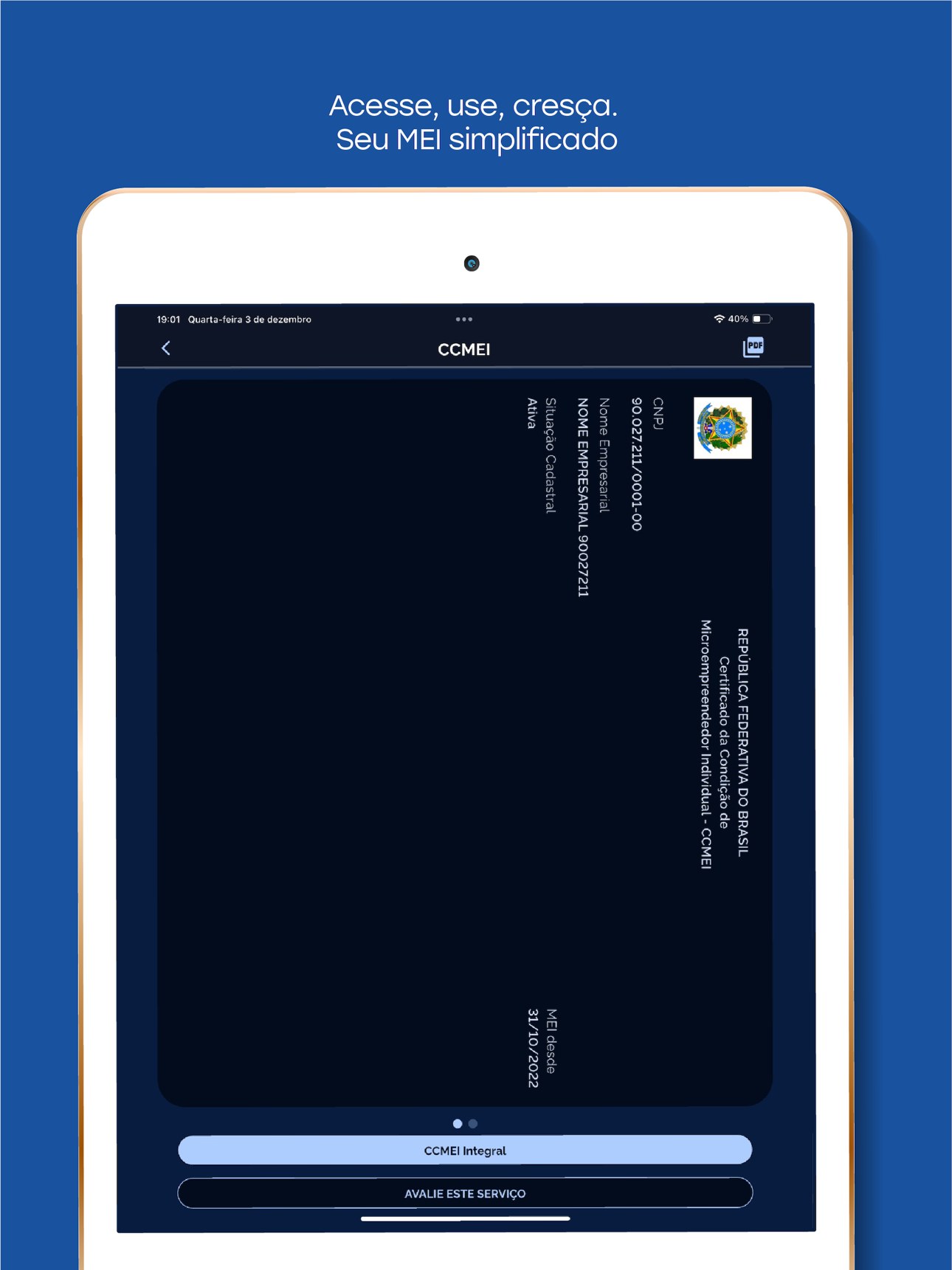 CCMEI no app Meu MEI Digital, com CNPJ, nome empresarial e situação cadastral