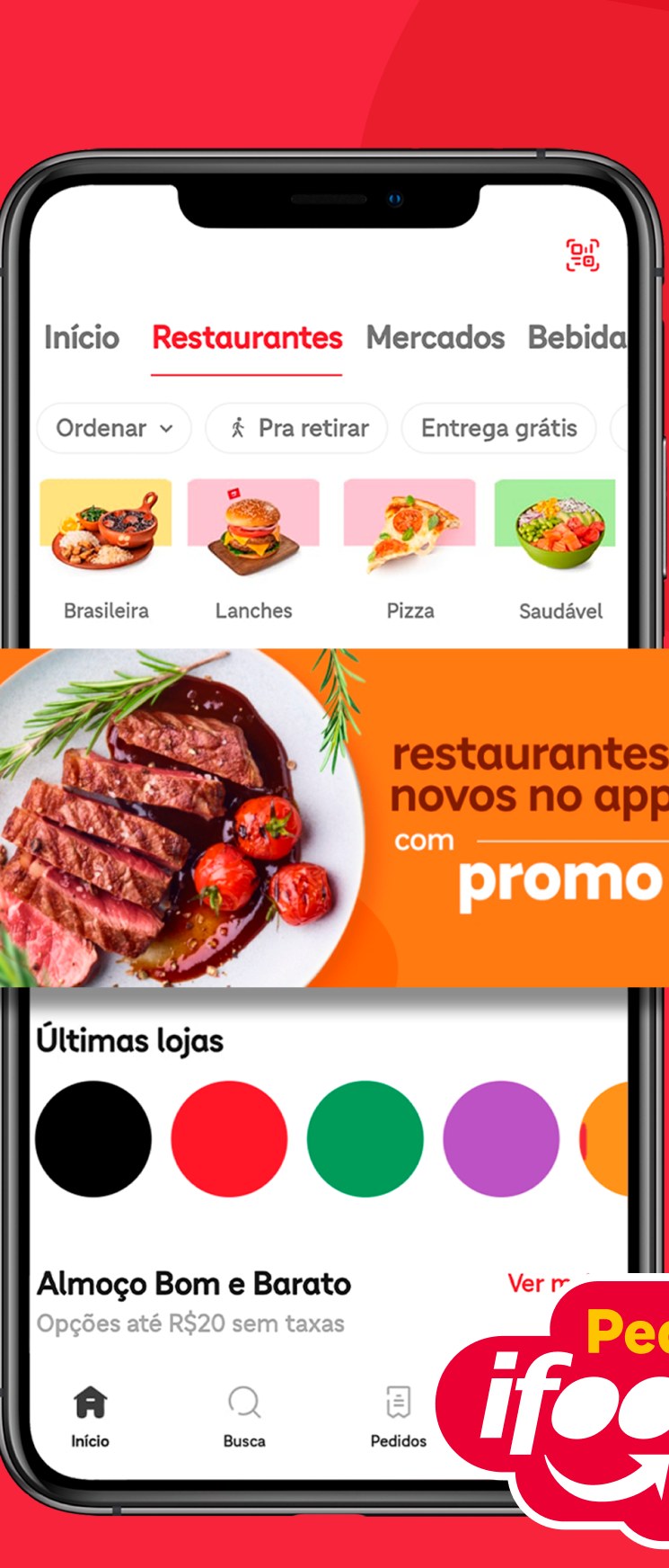 App iFood na aba Restaurantes, com categorias de comida