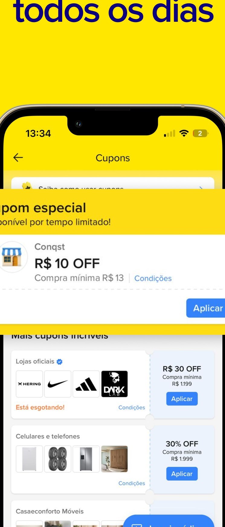 Tela Cupons do Mercado Livre, com o botão Aplicar