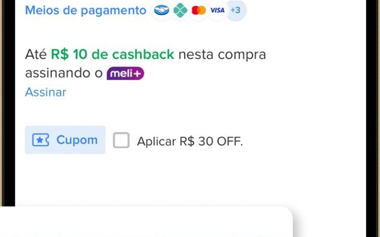 Cashback Meli+ e campo Cupom no app Mercado Livre