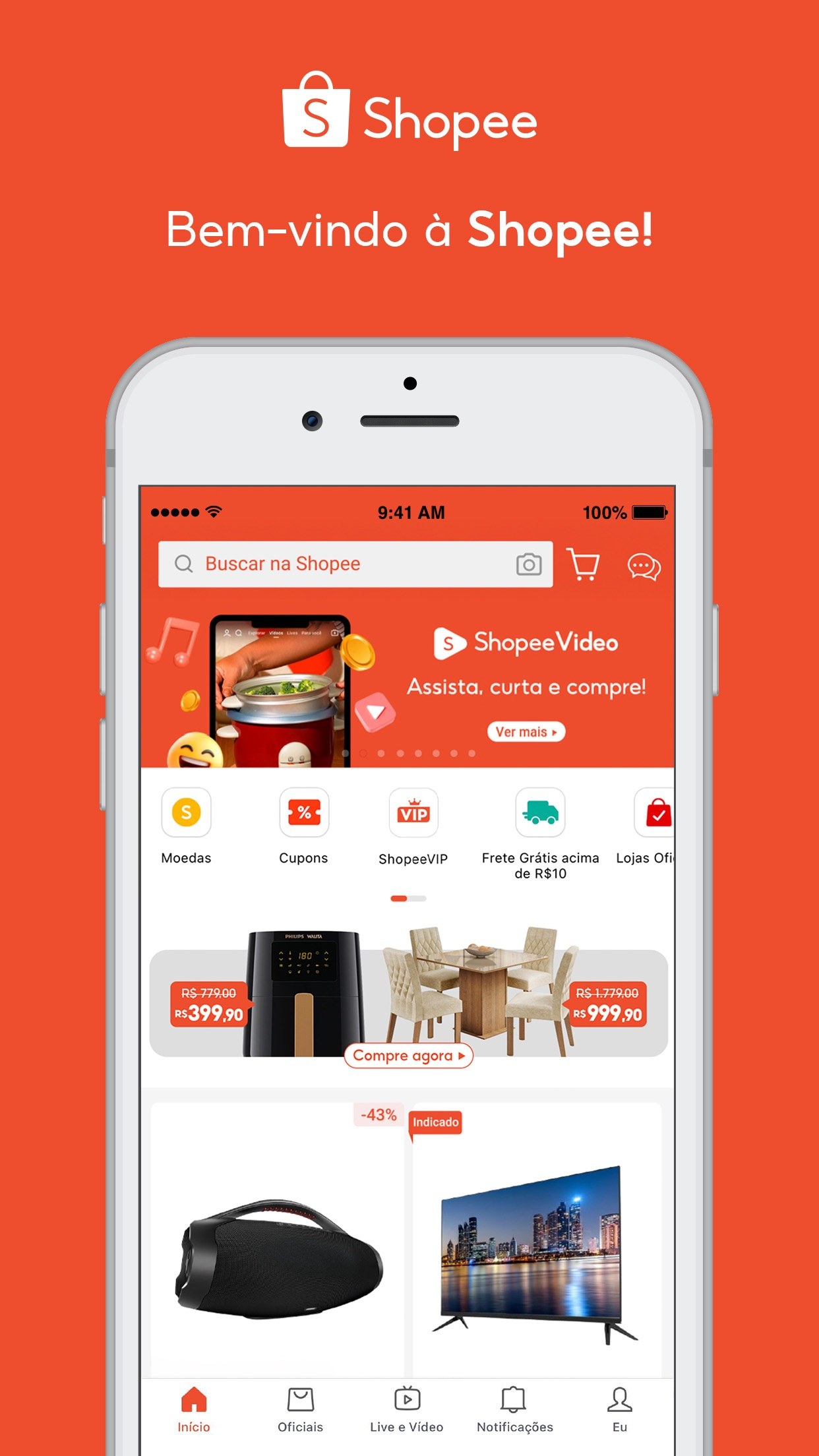 App Shopee com busca e Shopee Video
