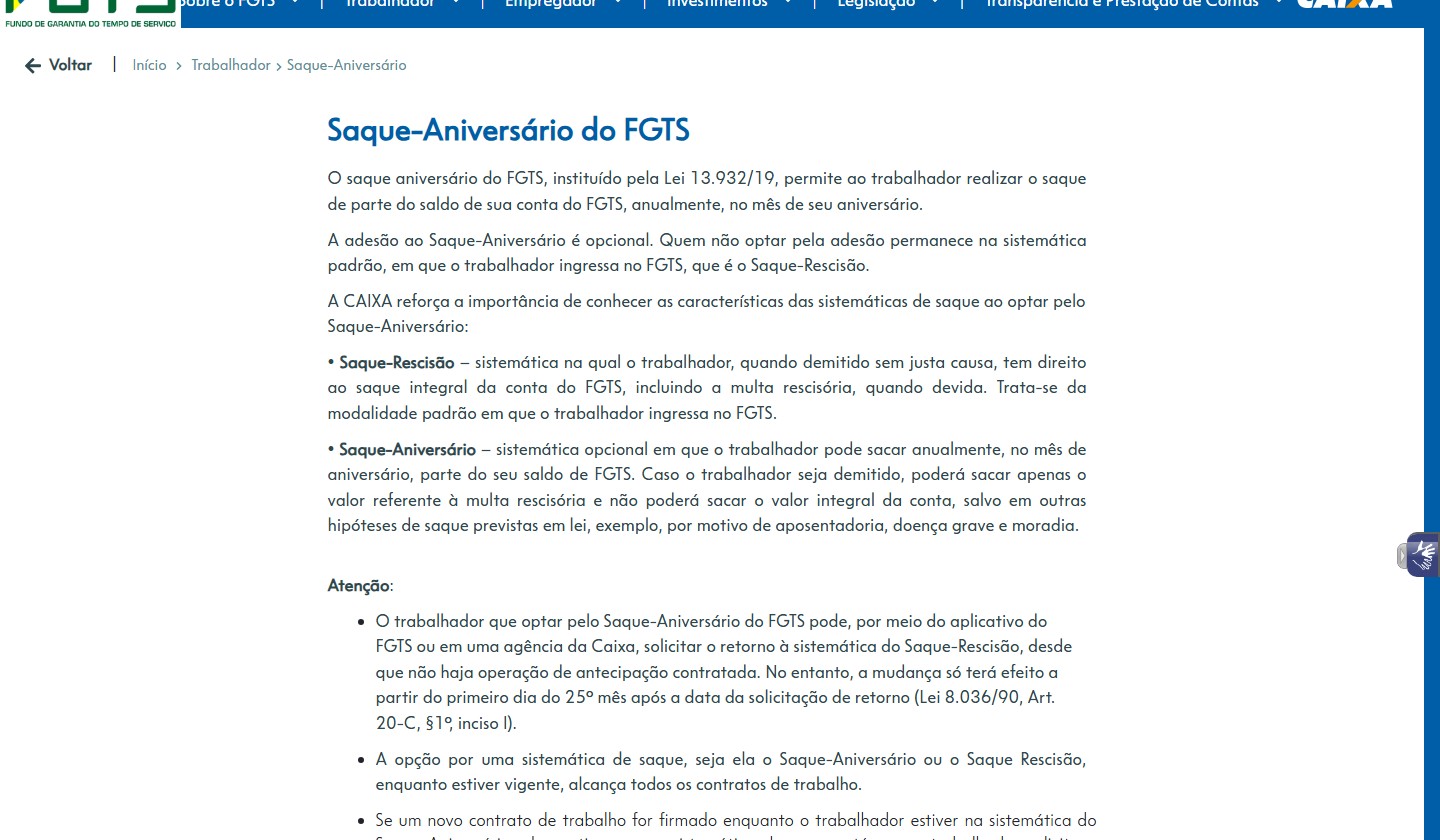 Página oficial Saque-Aniversário do FGTS, com Saque-Rescisão, Saque-Aniversário e as regras de carência