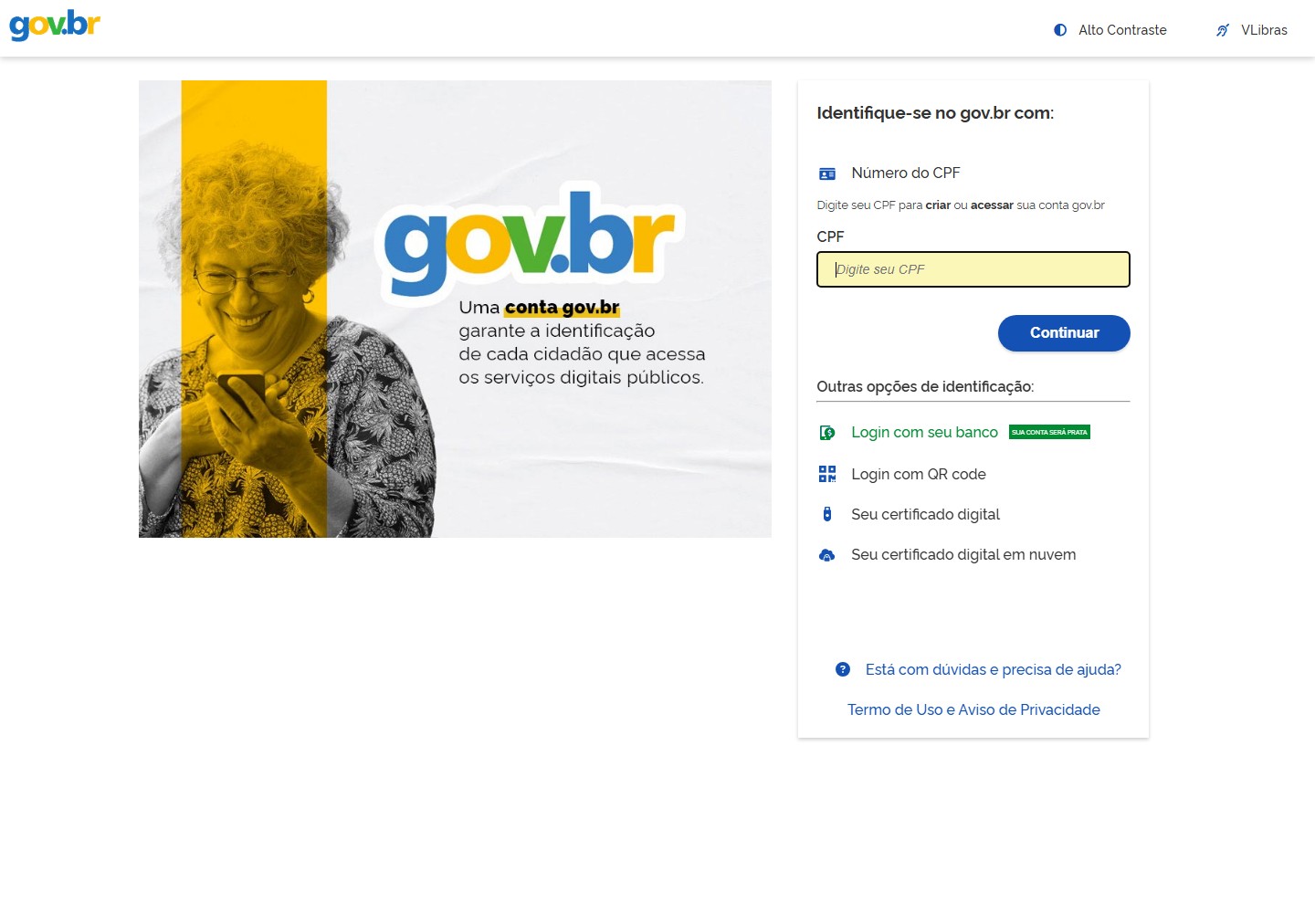 Página oficial do Assinador ITI, Identifique-se no gov.br com CPF, banco e certificado