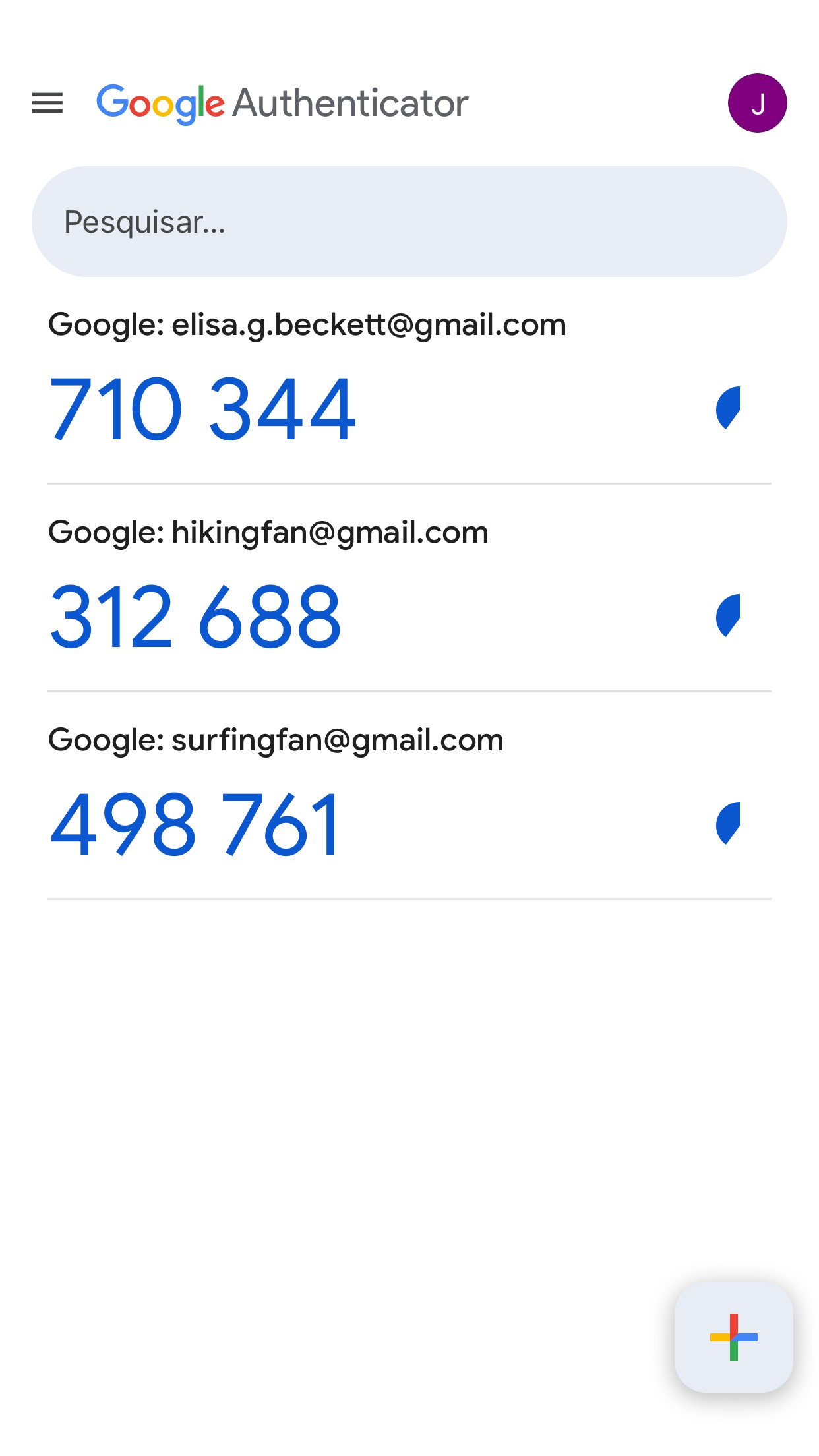 Lista oficial de códigos do Google Authenticator, com contas Gmail e o código de 6 dígitos