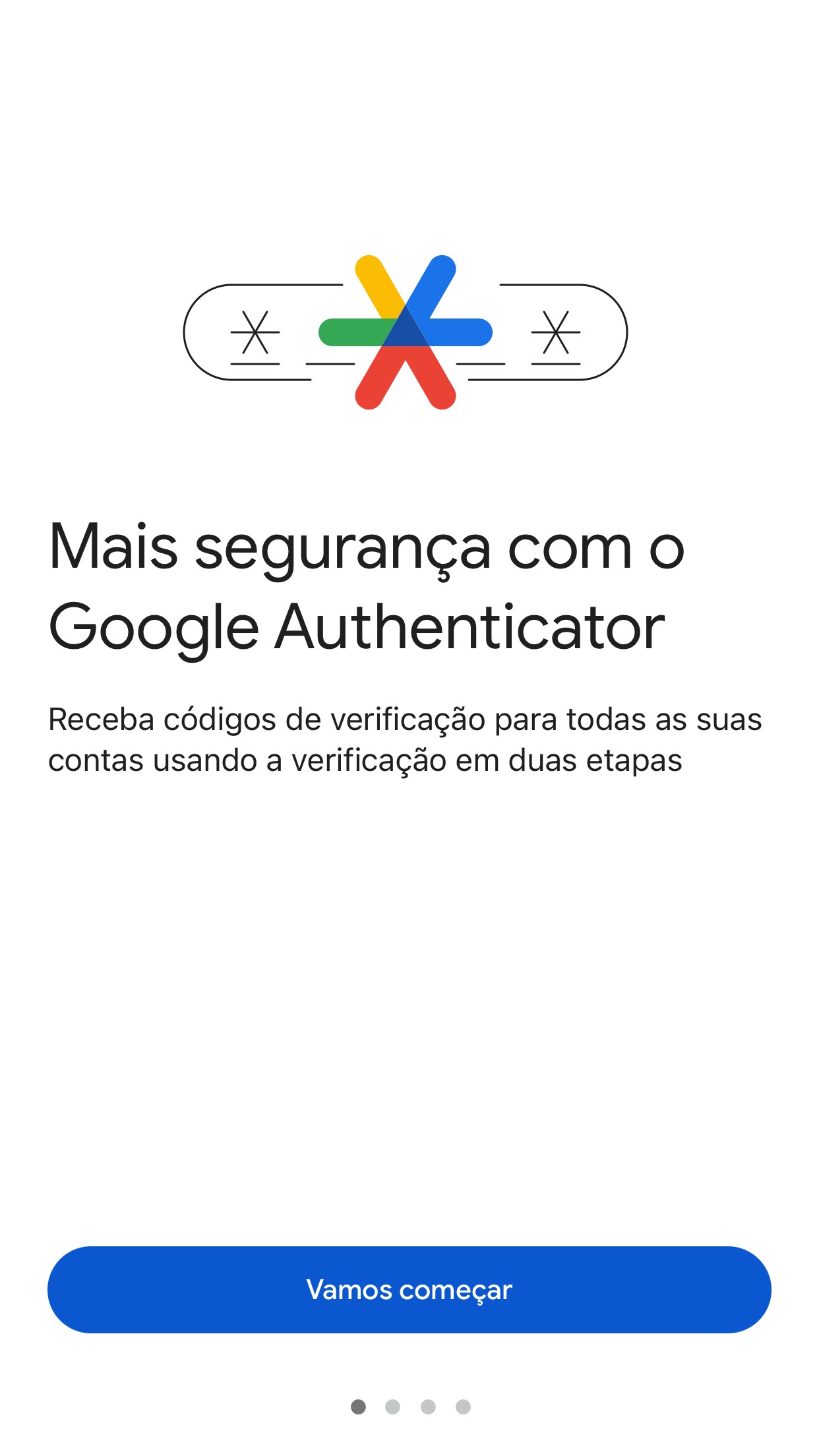 Tela inicial oficial do Google Authenticator, com o botão Vamos começar