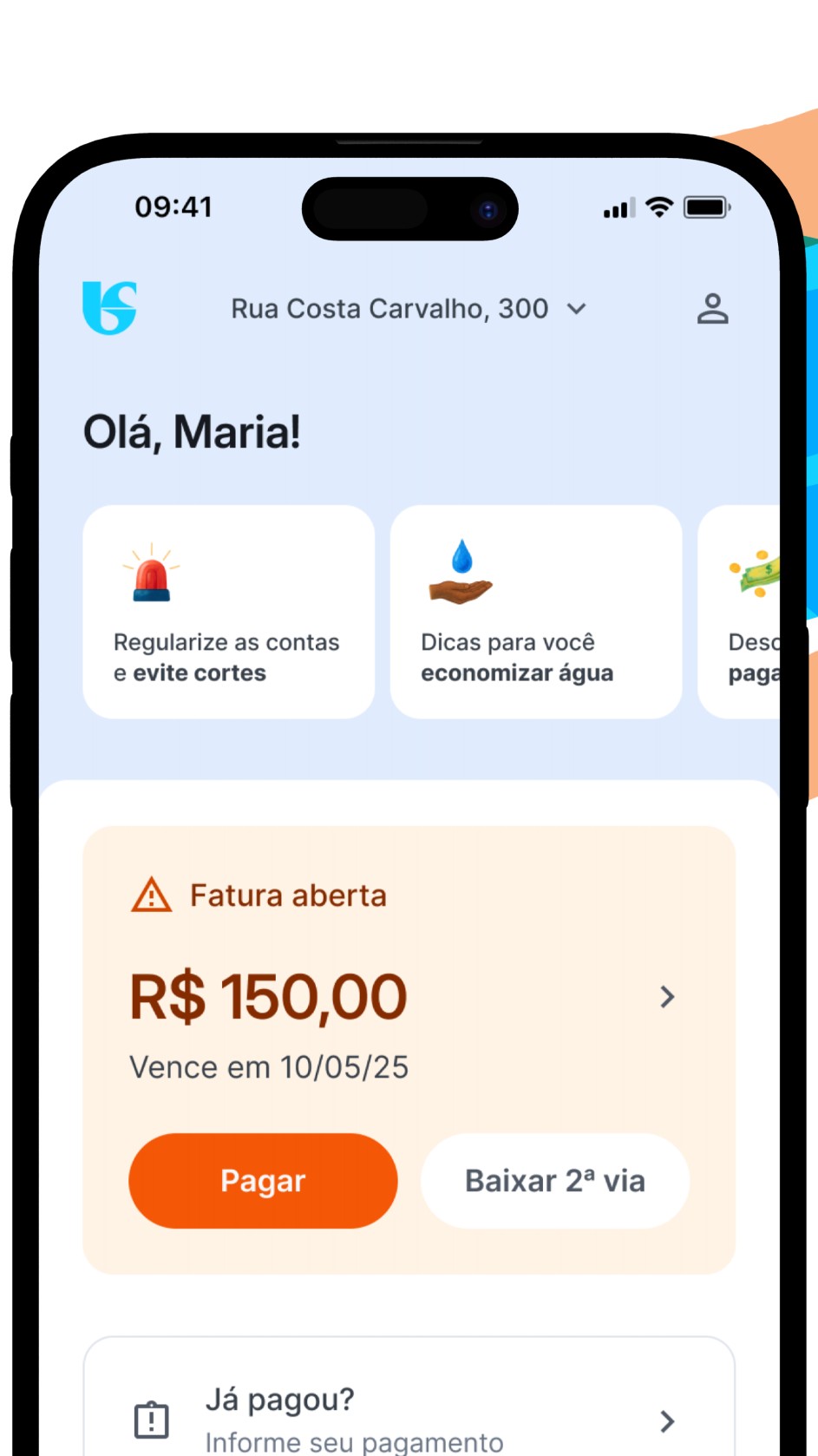Home oficial do app Sabesp com Fatura aberta, Pagar e Baixar 2ª via