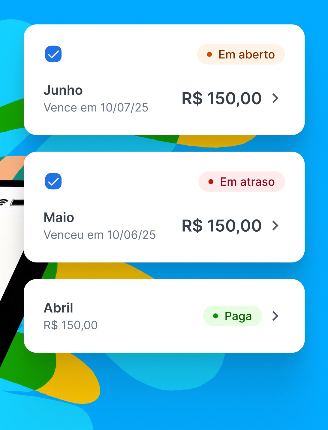 Lista oficial de faturas da Sabesp com os selos Em aberto, Em atraso e Paga