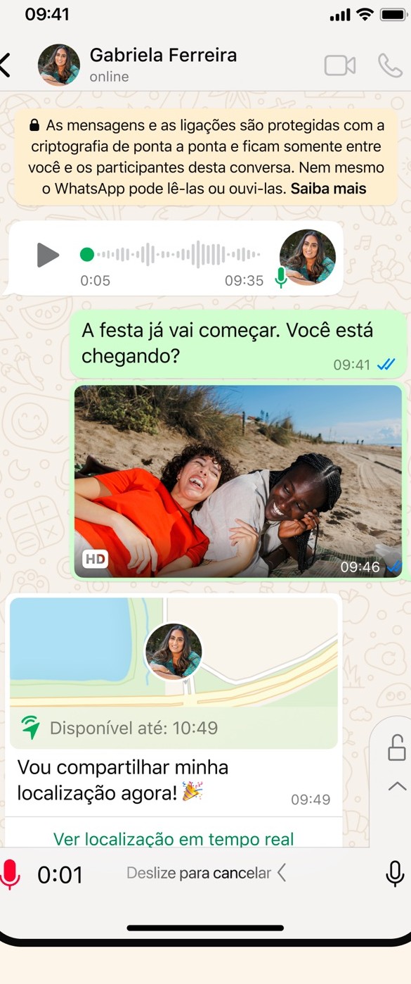 Conversa do WhatsApp com mapa, Disponivel até e Ver localização em tempo real
