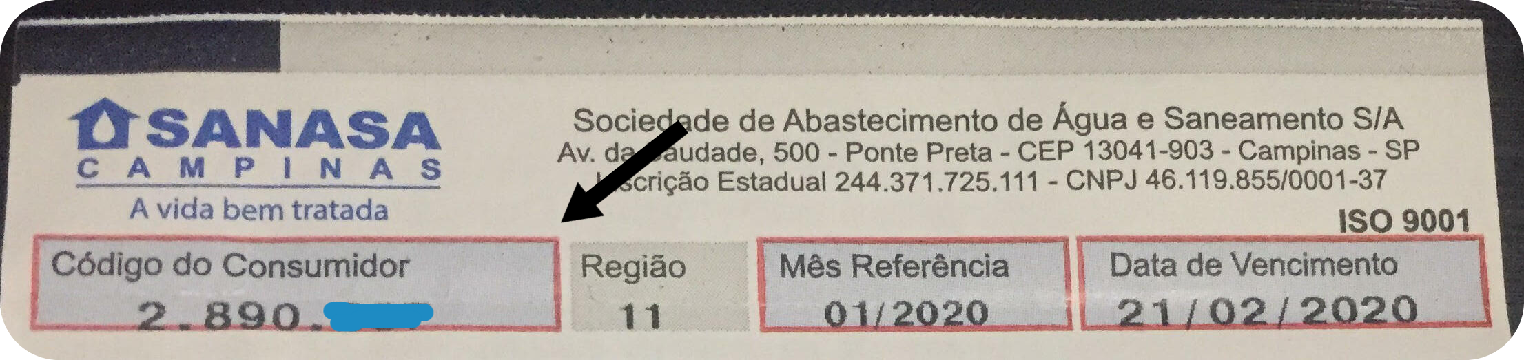 Código do consumidor destacado na conta de água da Sanasa
