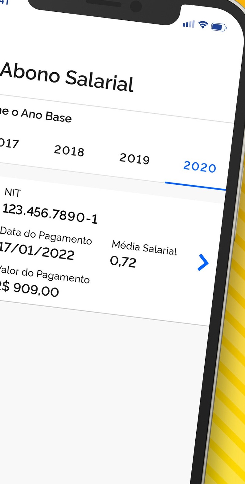 Tela Abono Salarial com ano-base, NIT, data e valor do pagamento