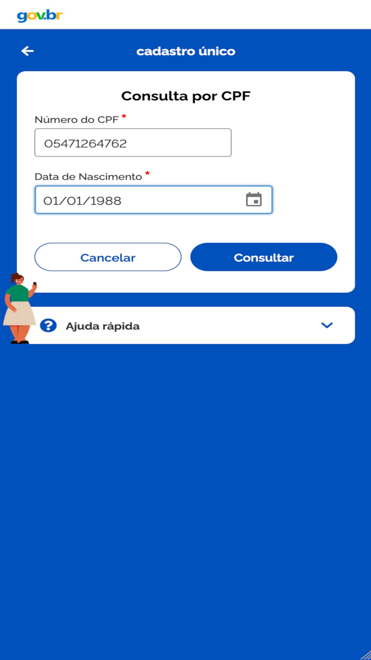 Tela Consulta por CPF do app Cadastro Único, com campos de CPF e data de nascimento