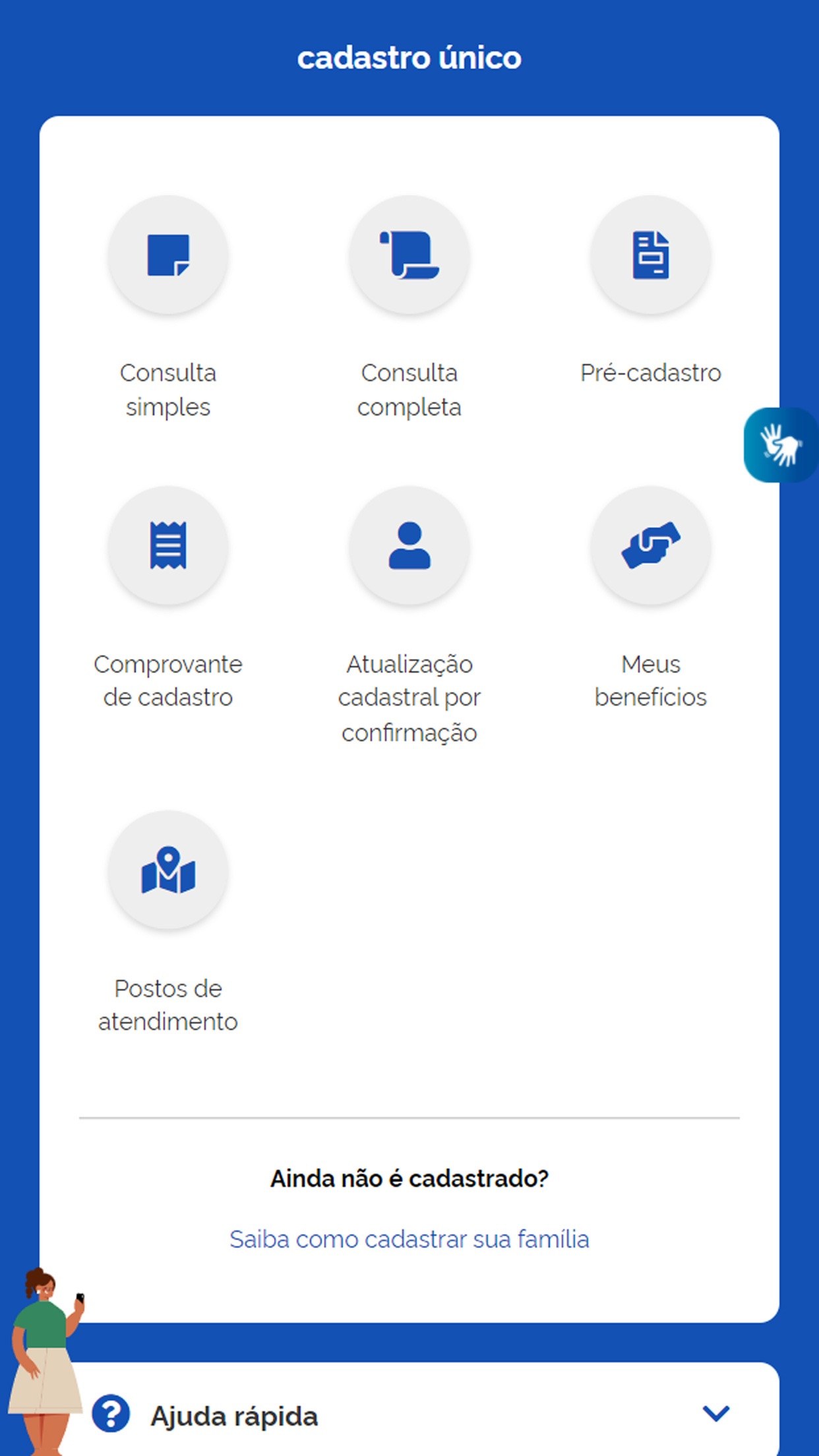 Menu oficial do app Cadastro Único: consulta simples, consulta completa, comprovante e postos
