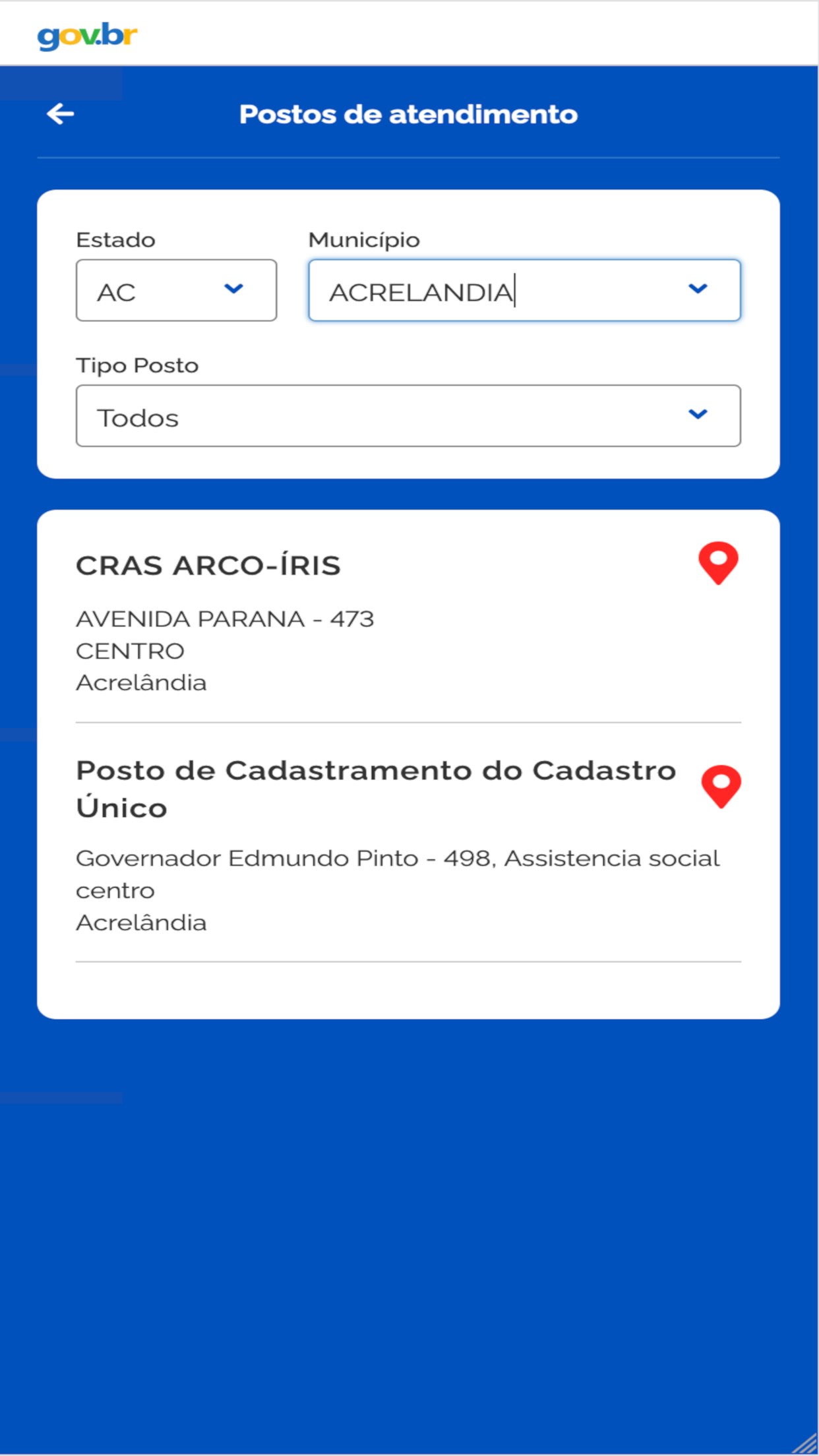 Busca de postos de atendimento do Cadastro Único, com CRAS e posto de cadastramento