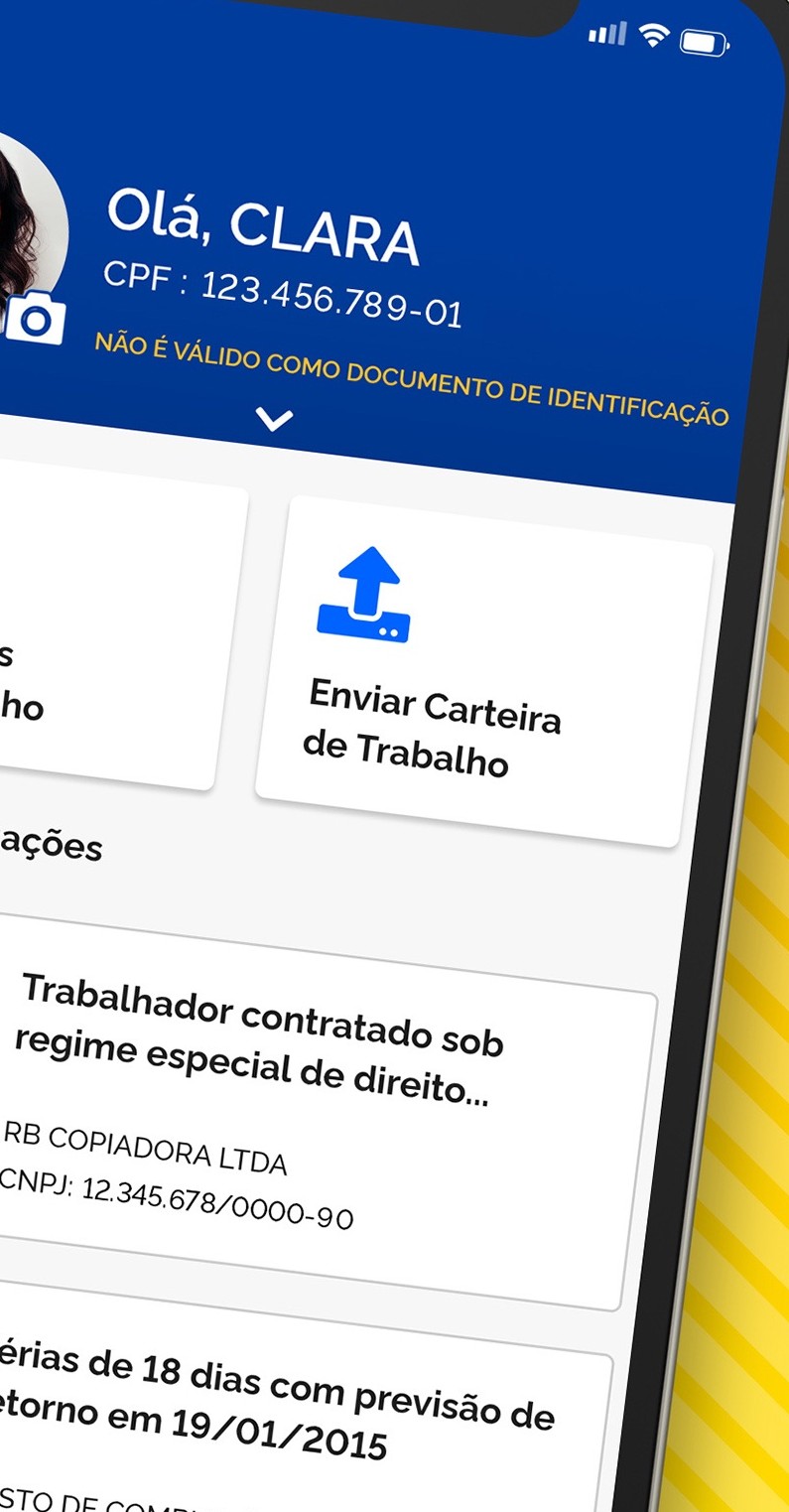 Home oficial da Carteira de Trabalho Digital com Olá, CLARA, CPF e o aviso de que não vale como identidade