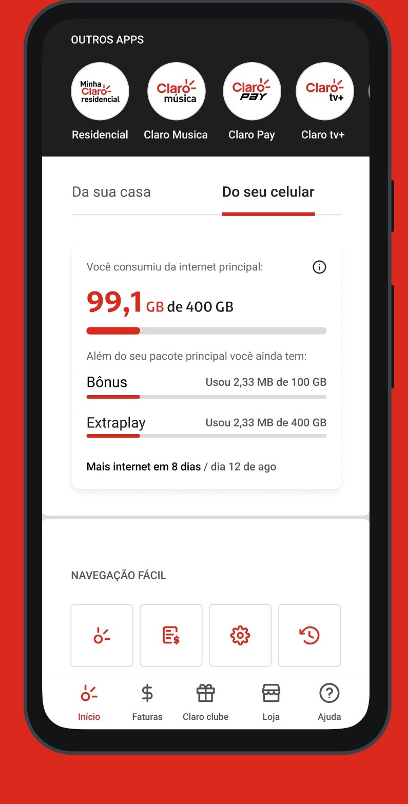 Tela oficial de consumo do Minha Claro, com 99,1 GB de 400 GB, Bônus e Extraplay
