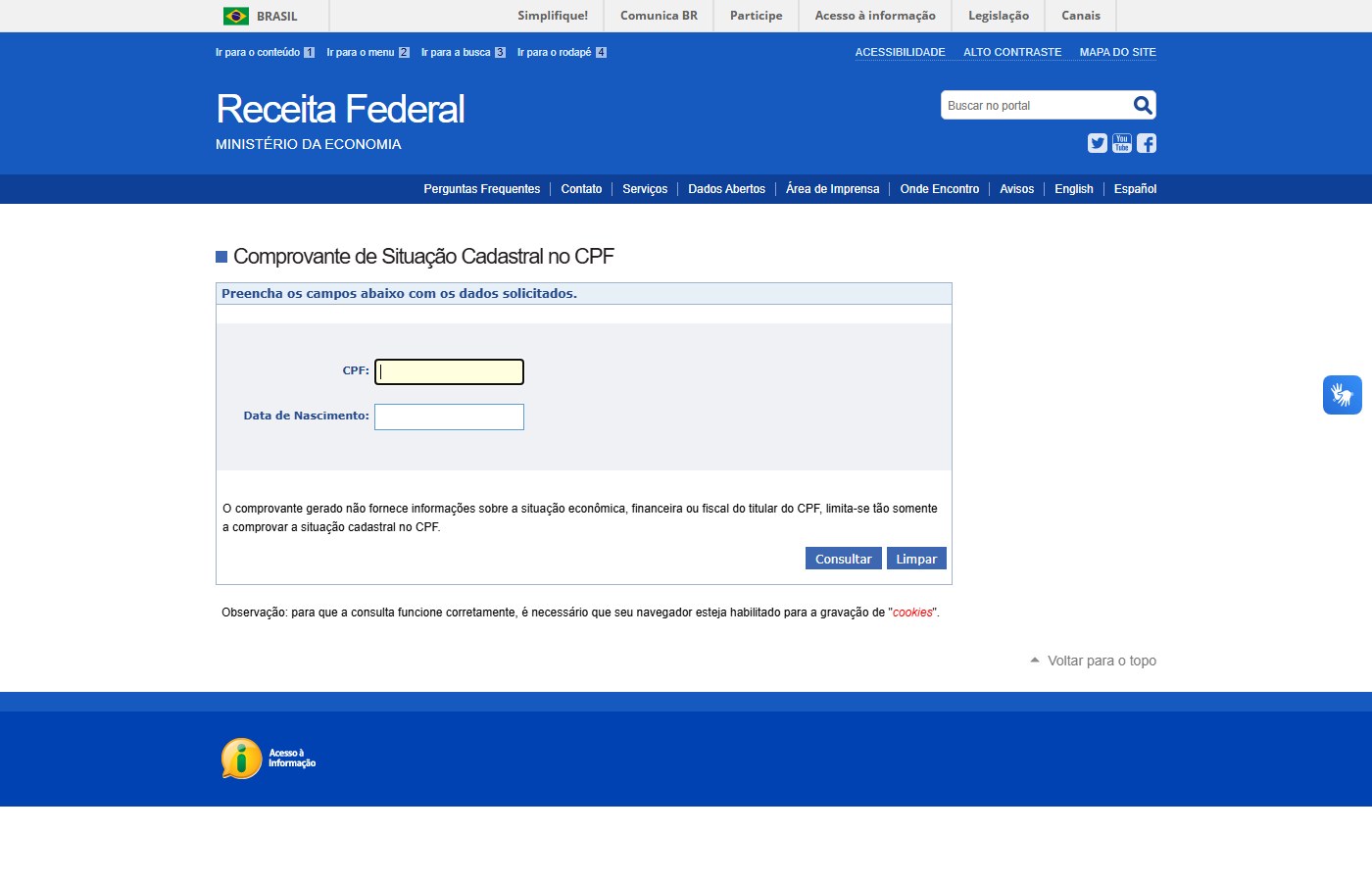 Formulário oficial da Receita Federal: Comprovante de Situação Cadastral no CPF, com campos CPF e data de nascimento