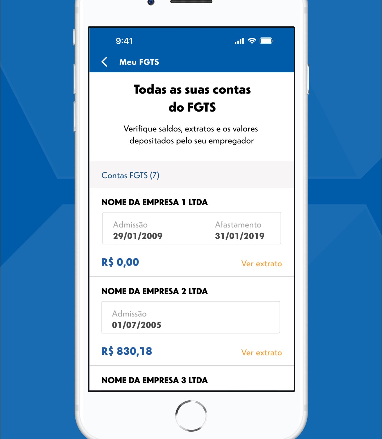 Tela oficial Meu FGTS com todas as contas, saldo por empresa e o botão Ver extrato