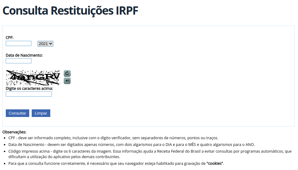 Formulário oficial Consulta Restituições IRPF da Receita Federal, com CPF, ano, data de nascimento, captcha e o botão Consultar
