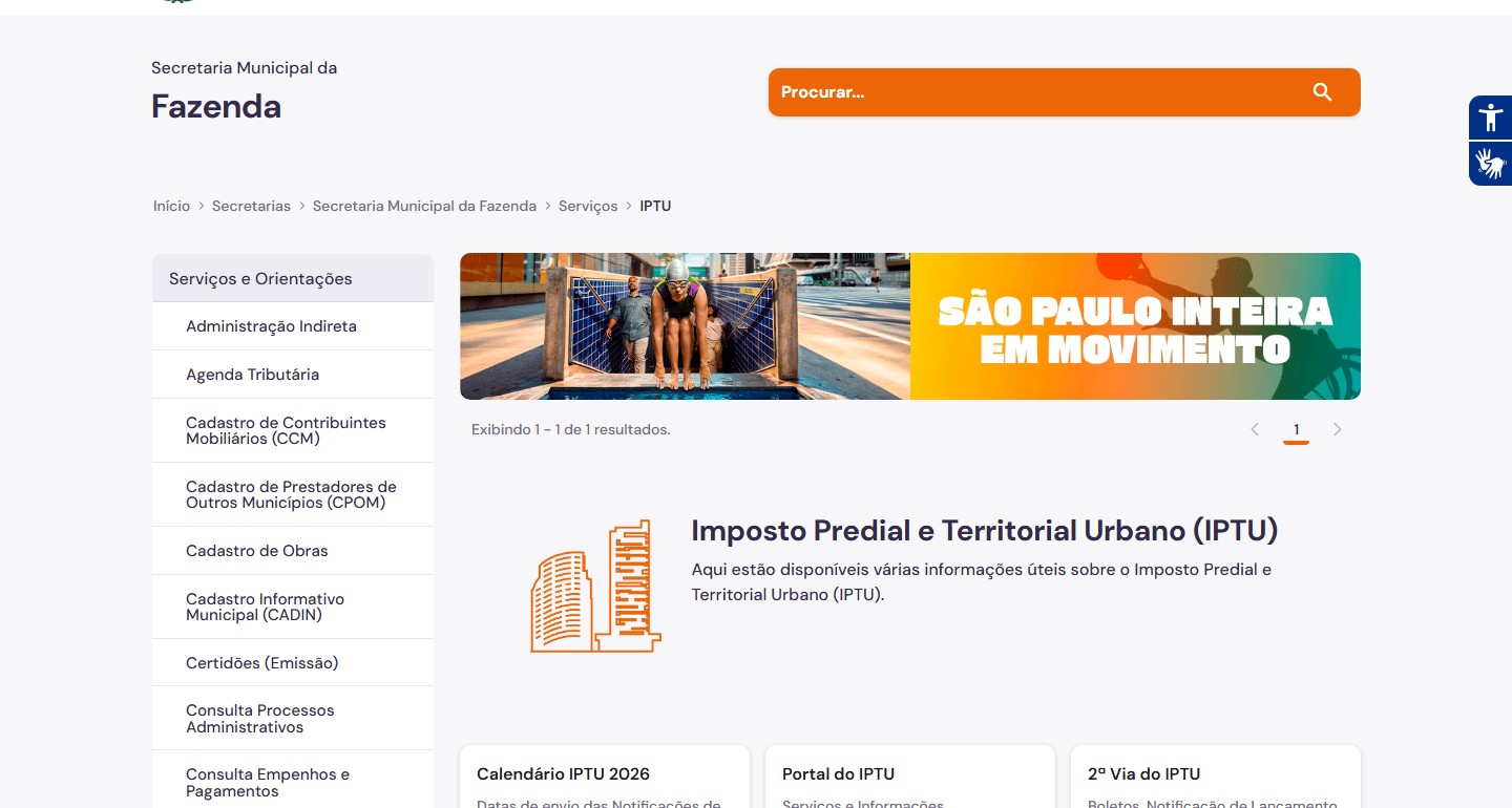 Página oficial da Fazenda de São Paulo com Calendário IPTU 2026, Portal do IPTU e 2ª Via do IPTU