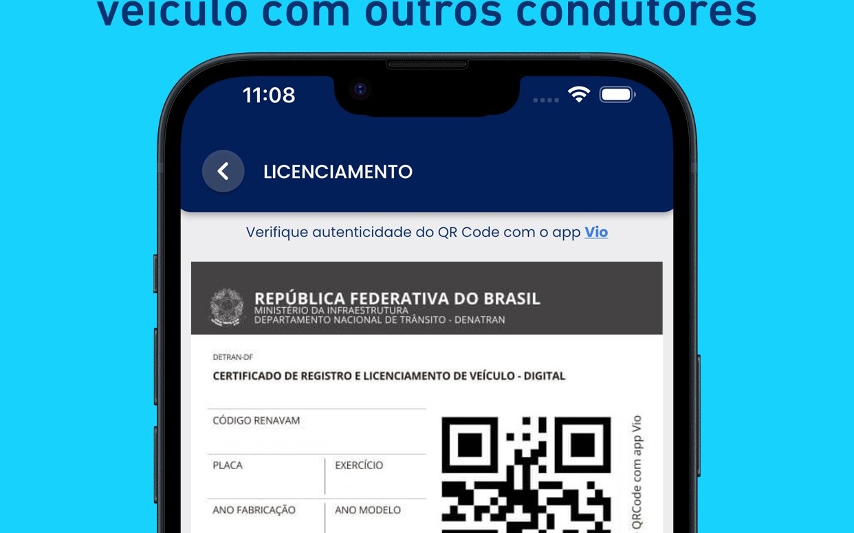 CRLV digital no app oficial, com brasão da República, Renavam, placa e QR Code
