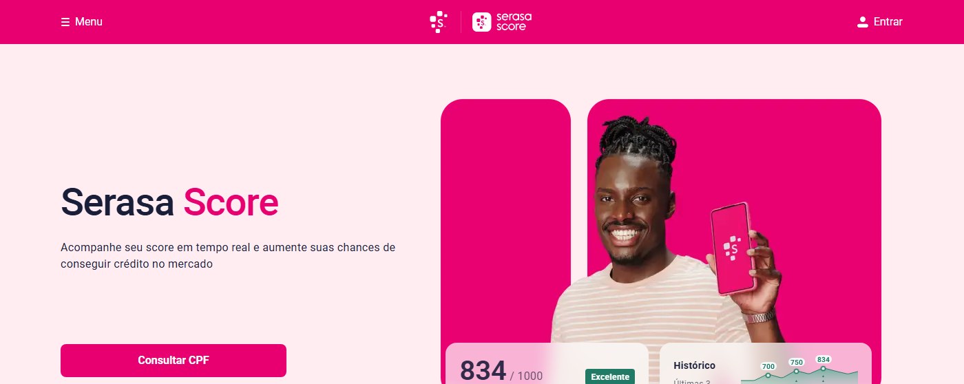 Página oficial Serasa Score, com o botão Consultar CPF e a nota de 0 a 1000