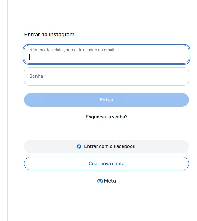 Tela oficial de login do Instagram, com o botão Criar nova conta