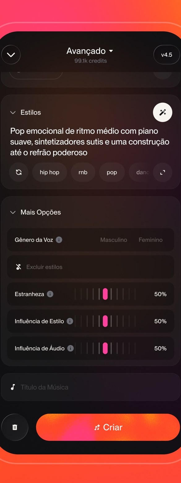 Tela do Suno para gerar a faixa