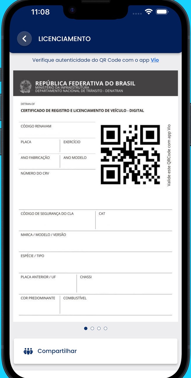 CRLV digital na tela Licenciamento, com Renavam, QR Code e o botão Compartilhar