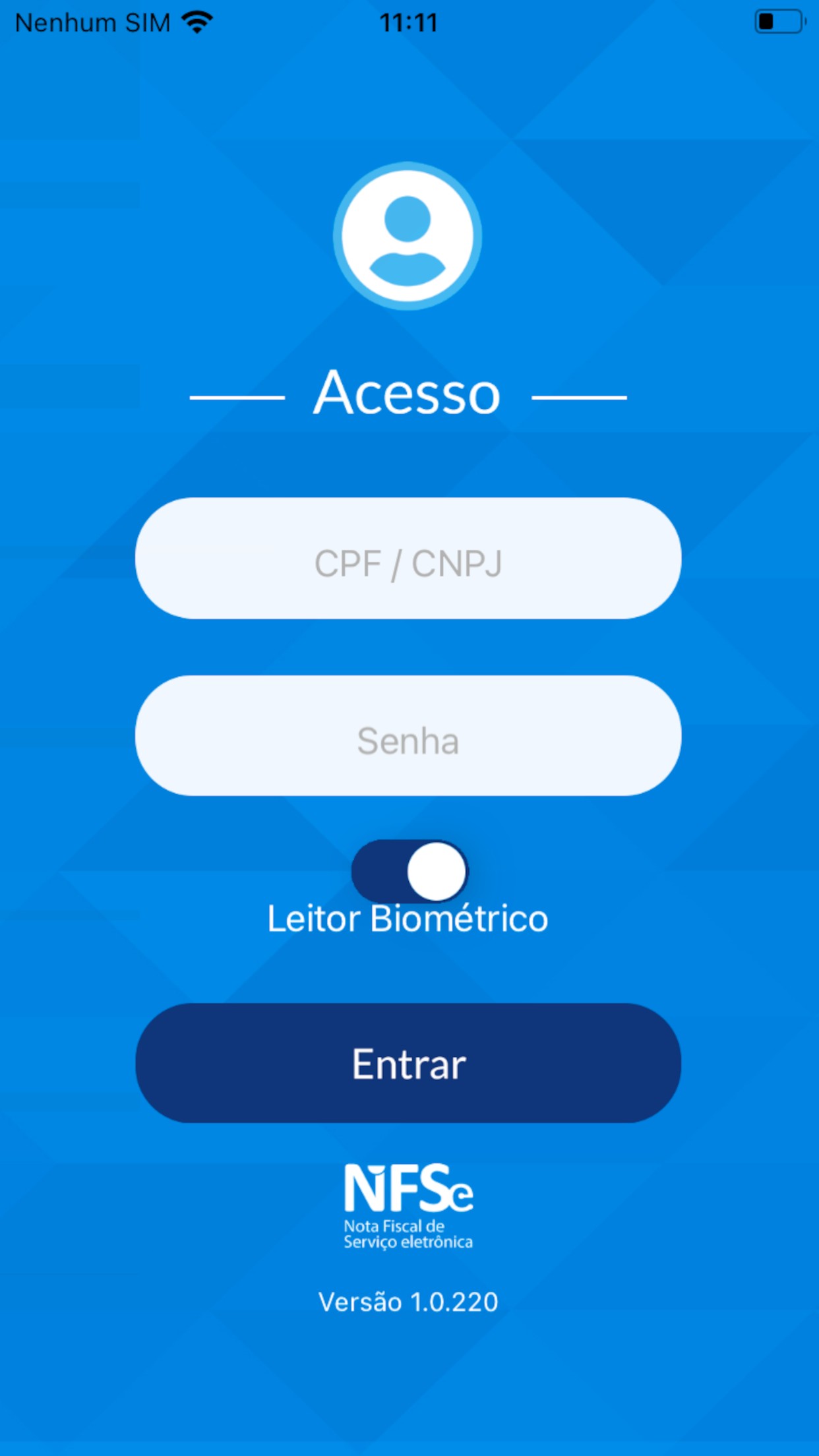 Tela oficial Acesso do NFSe Mobile, com CPF/CNPJ, Senha e Entrar