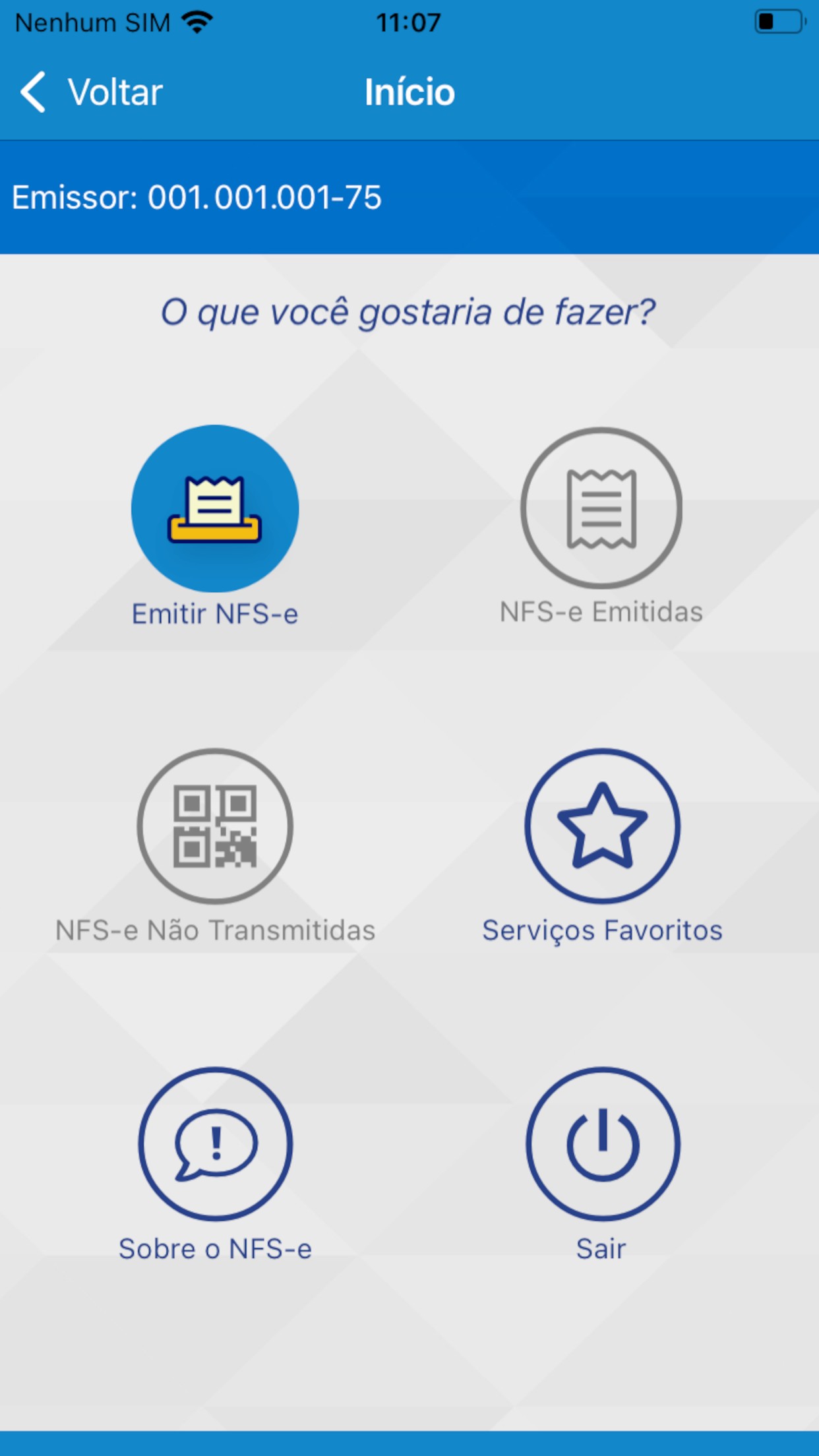 Tela Início do NFSe Mobile, com o botão Emitir NFS-e em destaque