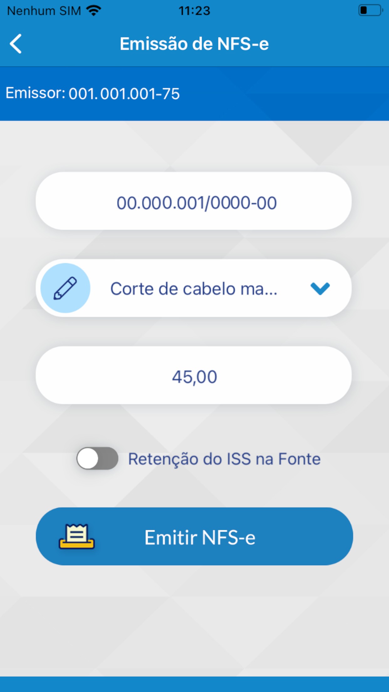 Formulário oficial de Emissão de NFS-e, com serviço, valor e o botão Emitir NFS-e