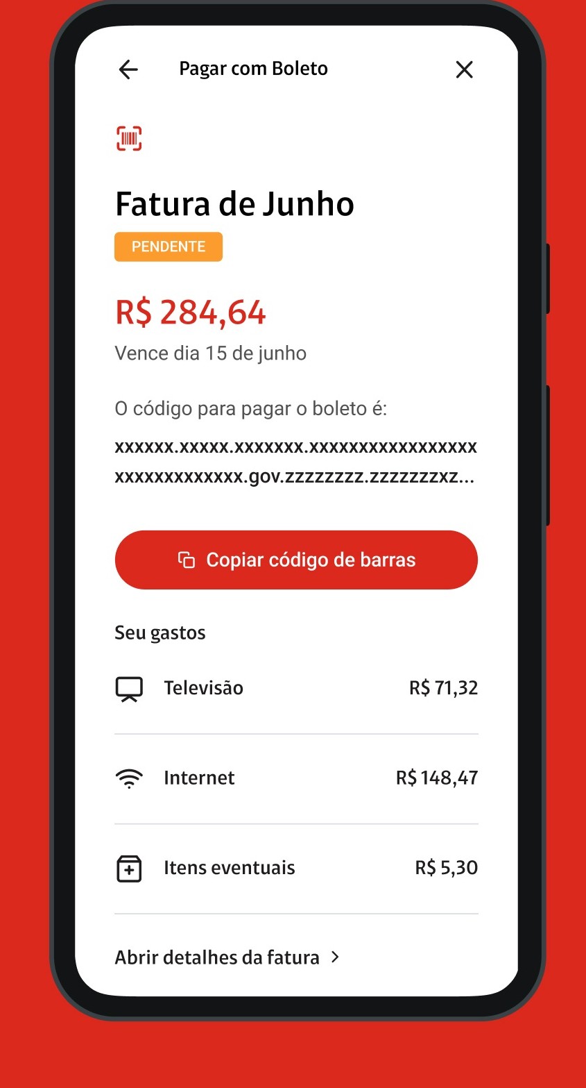 Tela oficial do Minha Claro Pagar com Boleto, com Fatura de Junho, valor e Copiar código de barras