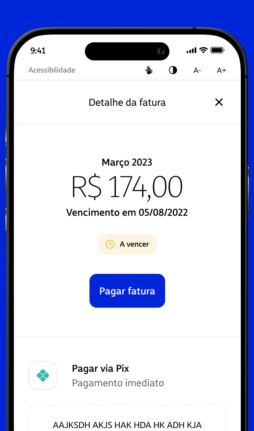 Tela oficial Detalhe da fatura do Meu TIM, com Pagar fatura e Pagar via Pix