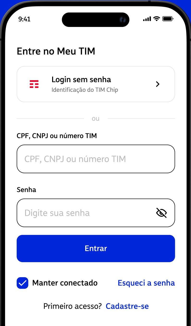Tela oficial Entre no Meu TIM, com CPF, senha, Entrar e Esqueci a senha