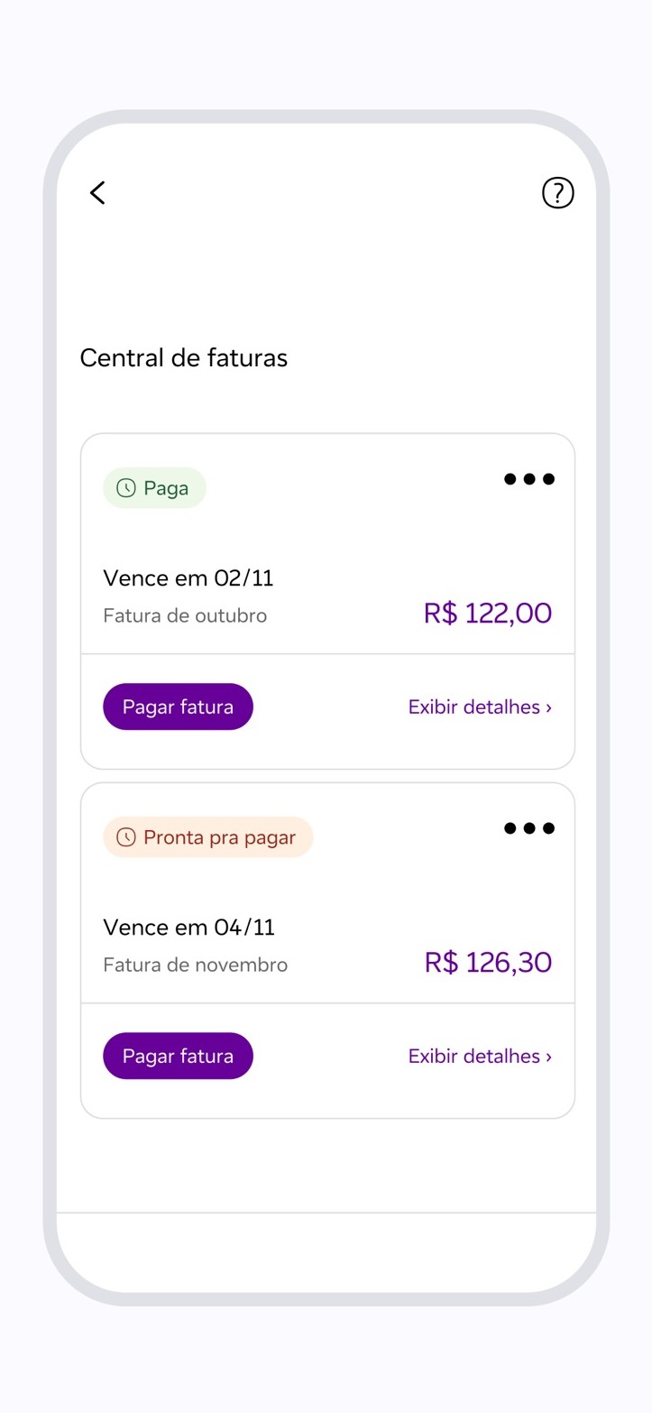 Tela oficial Central de faturas do app Vivo, com Pagar fatura e Exibir detalhes