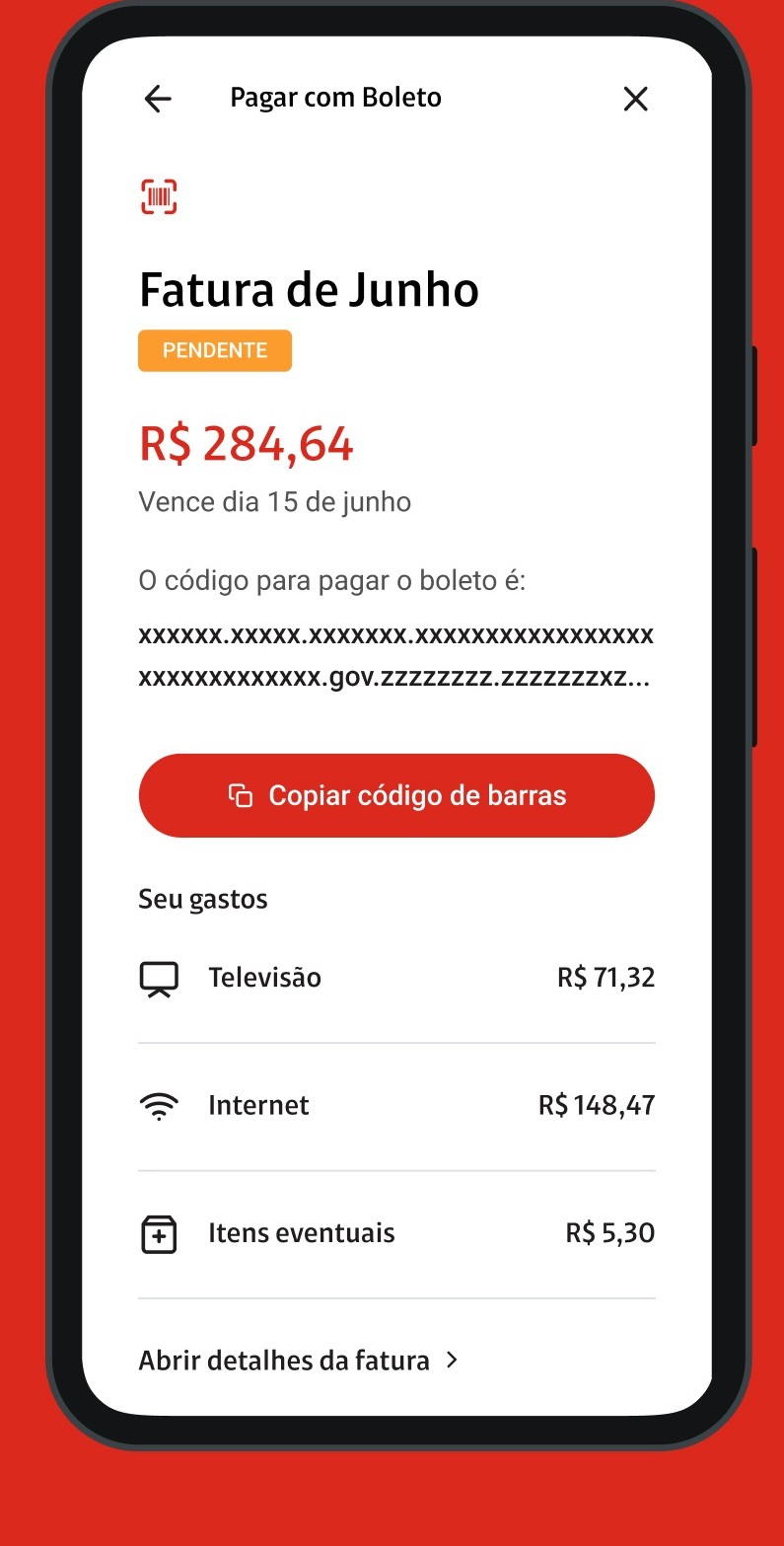 Tela oficial Pagar com Boleto do Minha Claro, com Copiar código de barras, Televisão e Internet