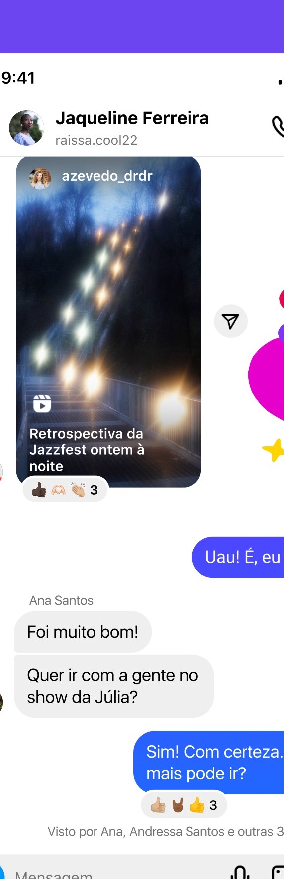 Conversa oficial do Instagram Direct, com bolhas de mensagem e o campo Mensagem
