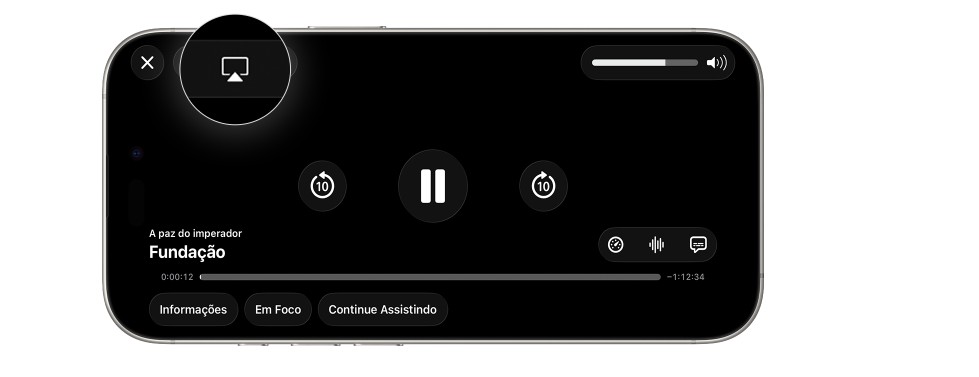 Player oficial do iPhone com o botão AirPlay destacado, o retângulo com o triângulo