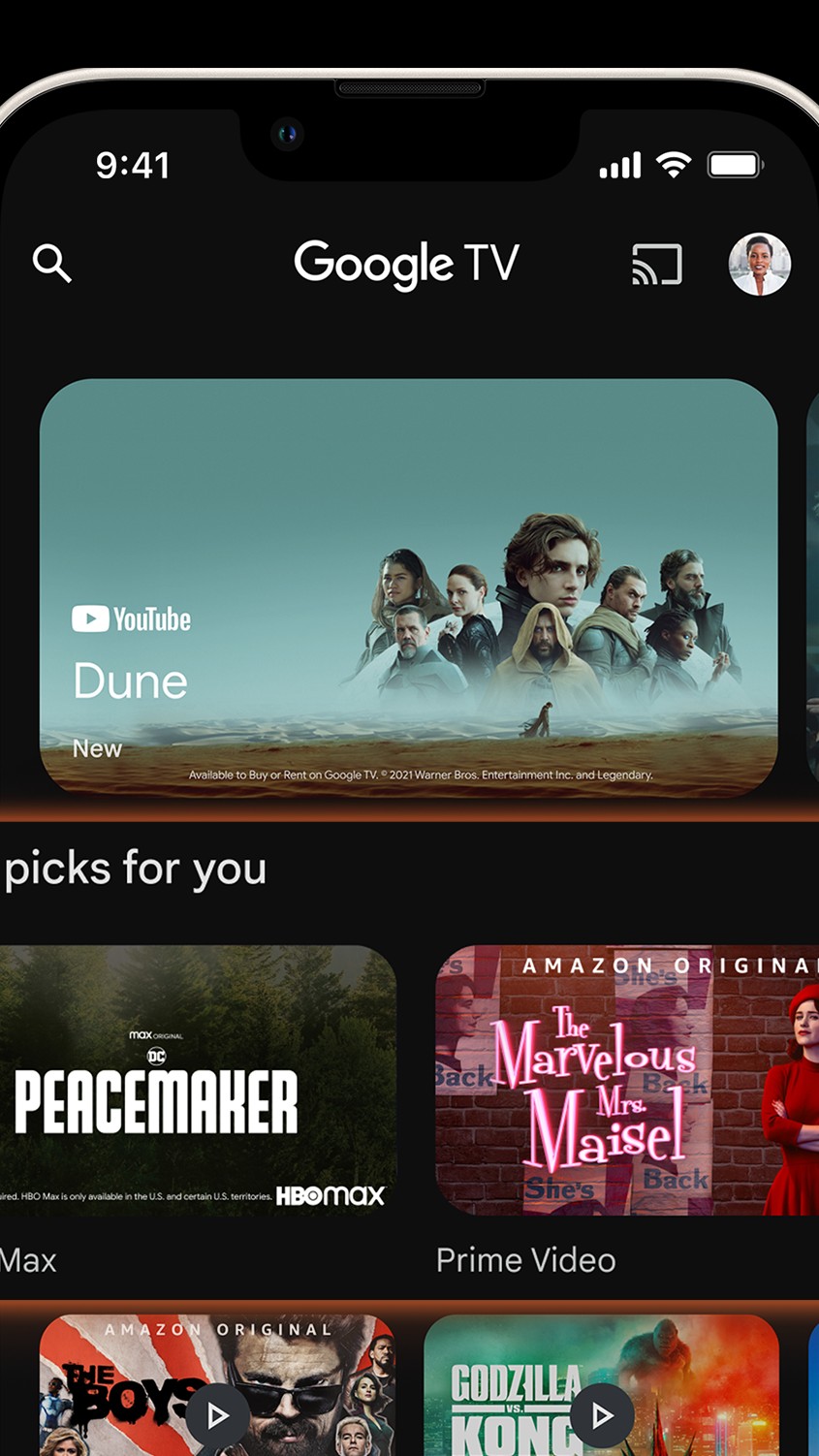 Tela oficial do app Google TV com o ícone de transmitir no canto superior direito