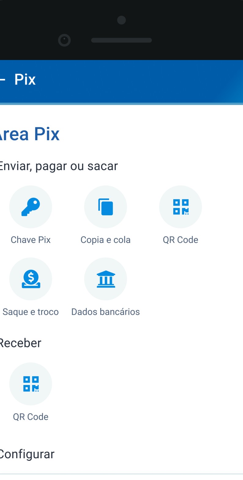Tela oficial Área Pix do CAIXA Tem, com Chave Pix, Copia e cola e QR Code
