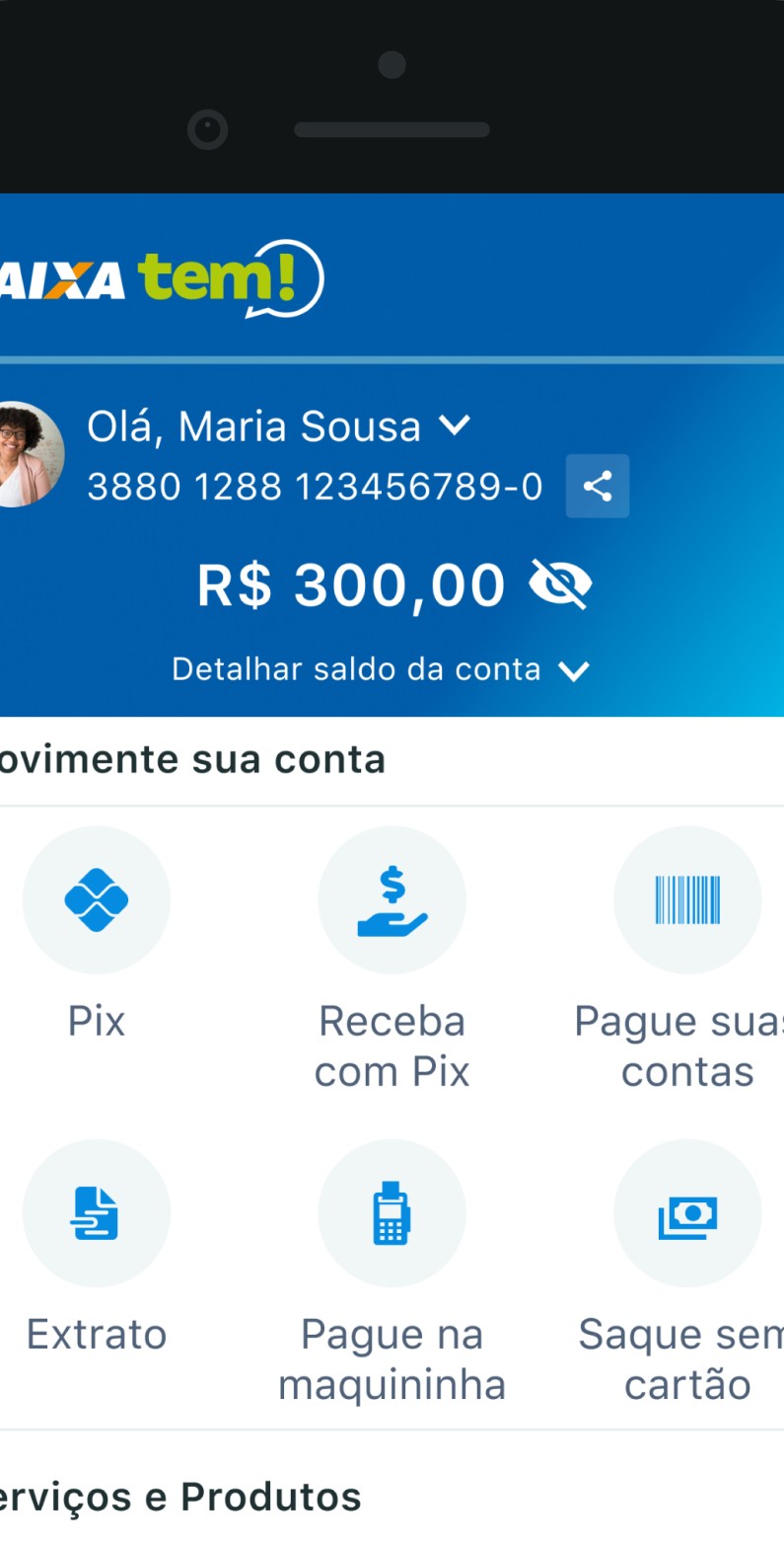 Home do CAIXA Tem com os atalhos Pix e Receba com Pix
