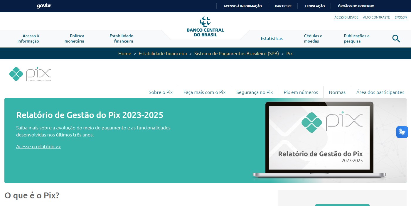 Página oficial do Pix no site do Banco Central do Brasil
