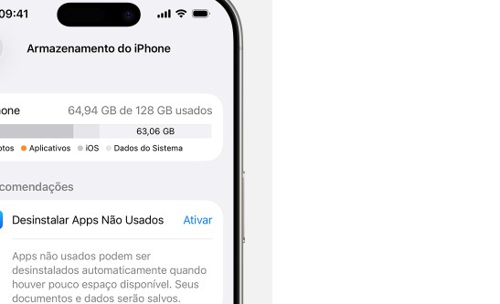 Tela oficial Armazenamento do iPhone, com a barra de uso e a recomendação Desinstalar Apps Não Usados