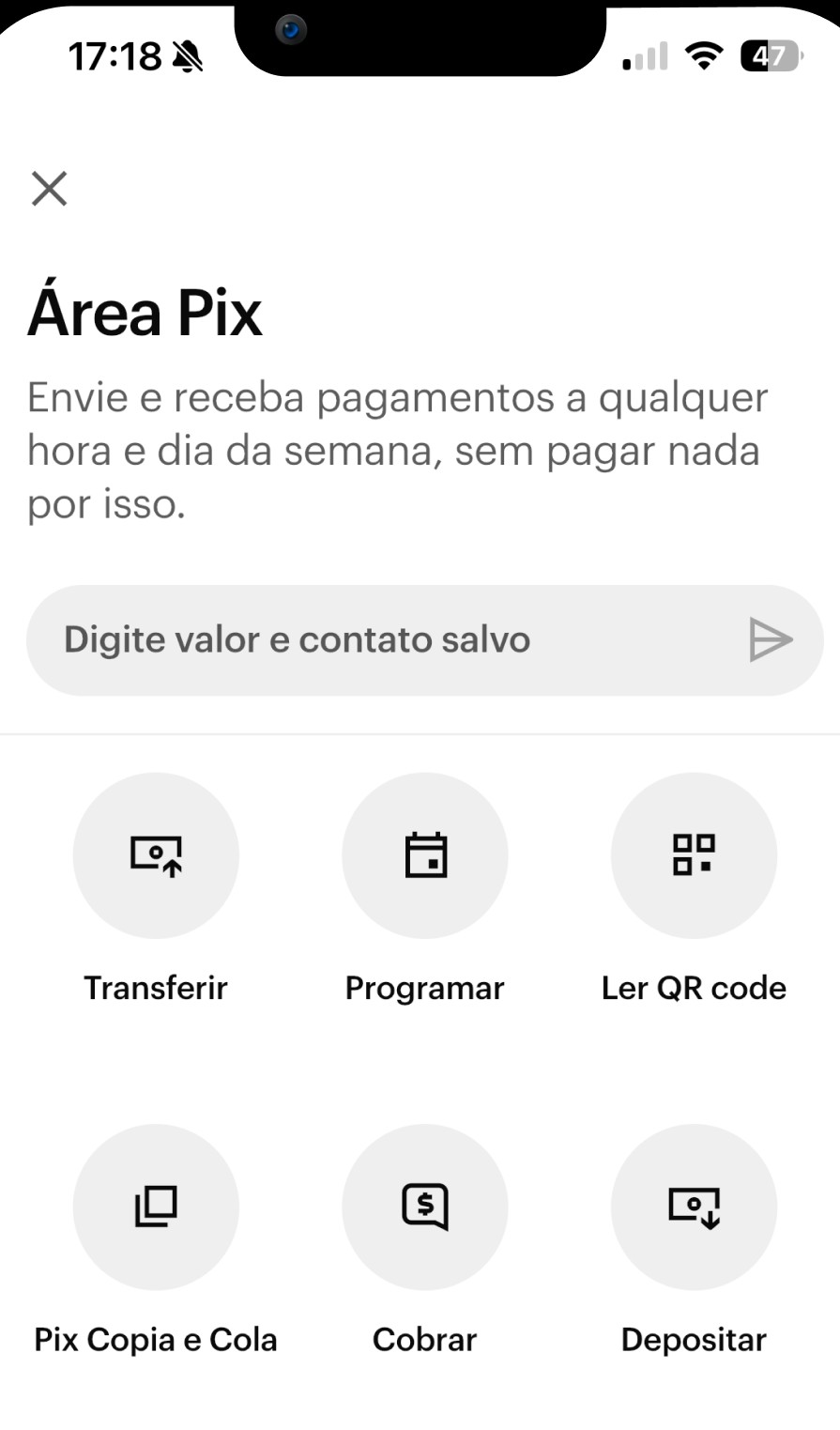 Tela oficial Área Pix do Nubank, com Cobrar, Depositar e Pix Copia e Cola