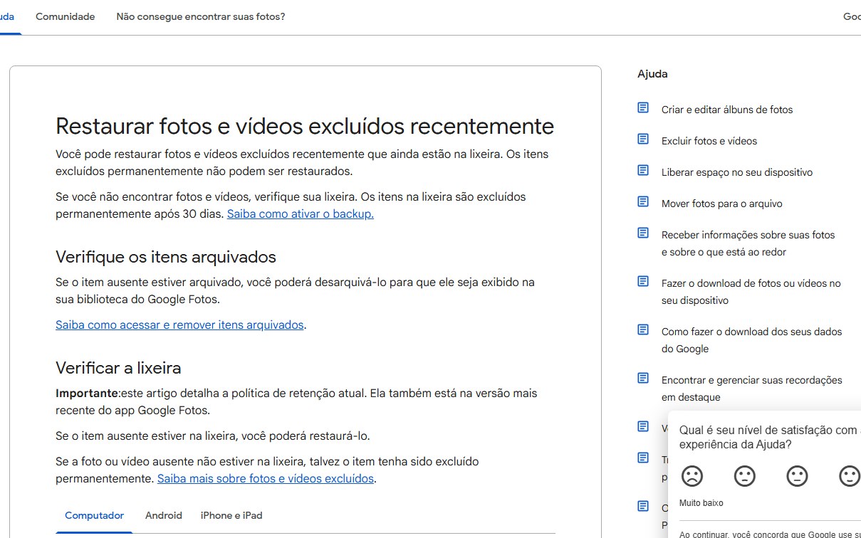 Ajuda do Google Fotos para restaurar fotos e vídeos excluídos recentemente