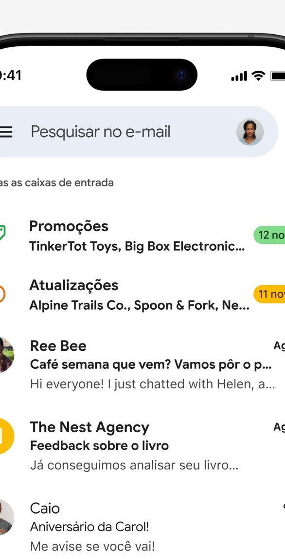Tela oficial da caixa de entrada do app Gmail, com Pesquisar no e-mail, Promoções e Atualizações