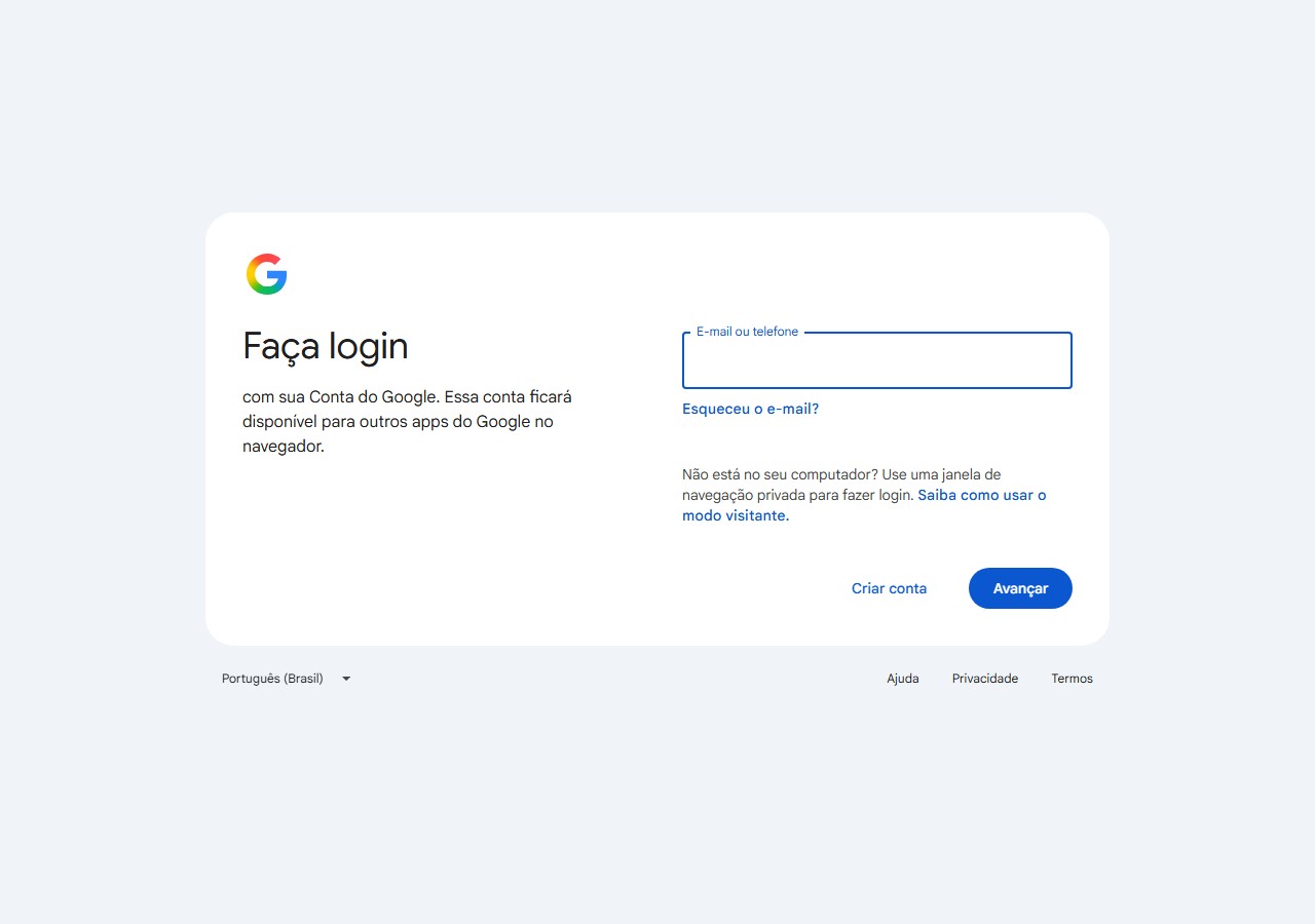 Tela oficial Faça login da Conta do Google, com E-mail ou telefone, Esqueceu o e-mail? e Avançar