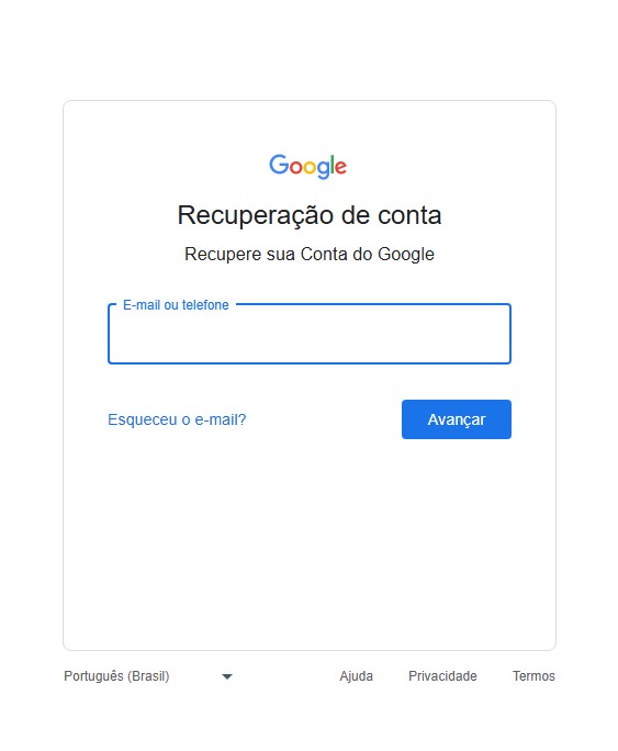 Página oficial Recuperação de conta do Google, com E-mail ou telefone, Esqueceu o e-mail? e Avançar