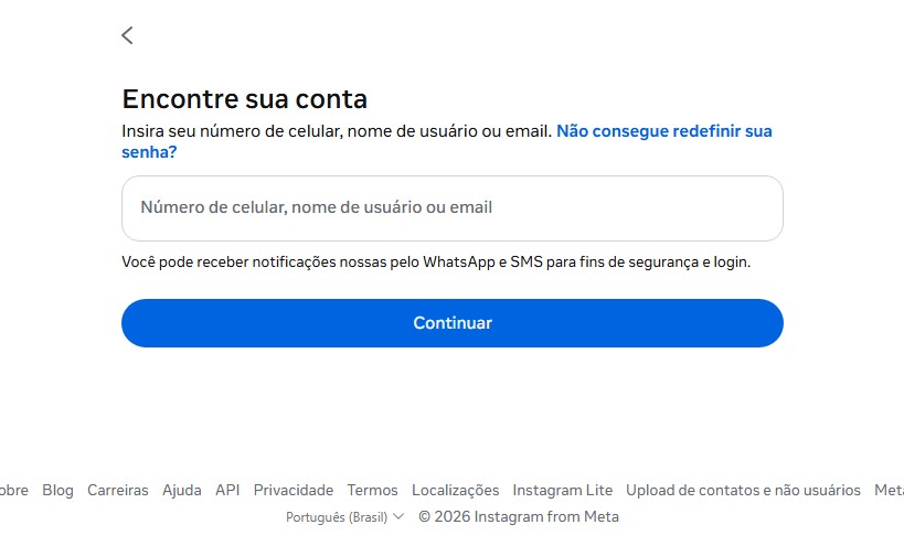 Tela oficial Encontre sua conta do Instagram, com o campo de celular, usuário ou e-mail e Continuar