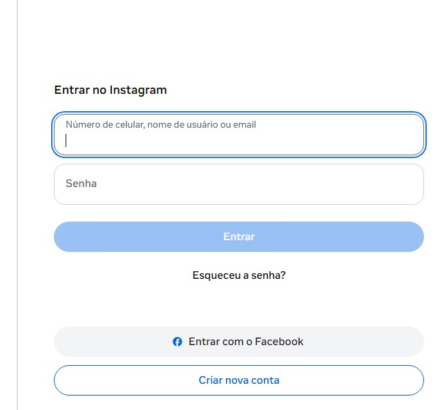 Tela oficial Entrar no Instagram, com Esqueceu a senha? e Criar nova conta